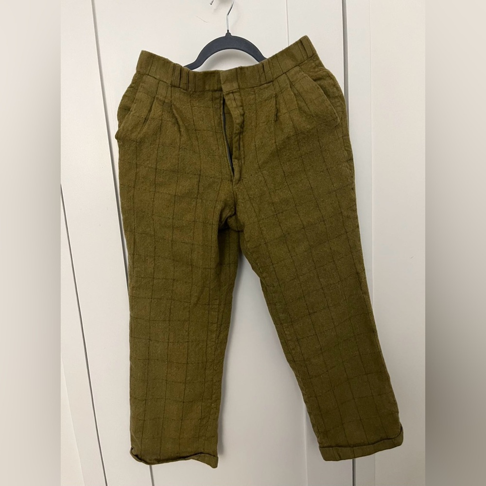 Vintage Green Plaid Wool Women Cropped Pants